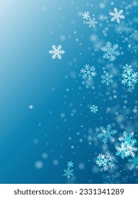 Pesada y festiva nieve como telón de fondo. La tormenta de nieve especula partículas cristalinas. Patrón azul de cáscara blanca y de nieve. Los copos de nieve planos de diciembre textura. Paisaje de huracanes de nieve.