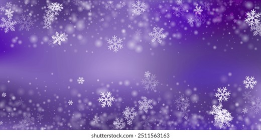 Festive heavy snow flakes pattern. Winter fleck ice granules. Snowfall sky white purple design. Blurred snowflakes december texture. Snow nature scenery.