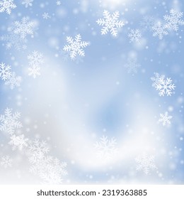 Fondo festivo de copas de nieve pesadas. Las formas de hielo especk de nieve. Diseño azul blanco cielo de nevada. Los copos de nieve brillan en la textura de diciembre. Paisaje de la estación fría de nieve.