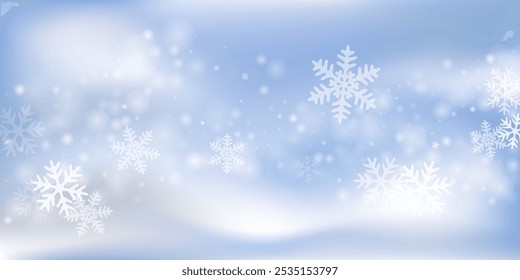 Festive heavy snowflakes wallpaper. Wintertime fleck freeze particles. Snowfall sky white blue background. Flat snowflakes christmas theme. Snow cold season scenery.