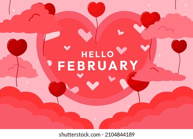 Festive Hello February Vector Design with Clouds and Love Balloons great as a poster, greeting card, banner, template, background, wallpaper, flyer, and many other similar purposes relating or not rel