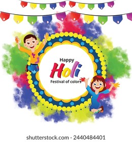 A festive Holi banner with cheerful illustrations of people celebrating the festival, accompanied by vibrant text and graphics, ideal for sharing on social media to spread the joy of Holi.