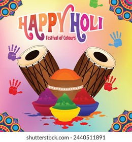 A festive Holi banner with decorative elements and vibrant colors, optimized for social media posts to convey the excitement and energy of the celebration.