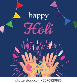 .Festive Holi banner featuring open hands throwing vibrant colors, cheerful garlands, and Happy Holi text on blue