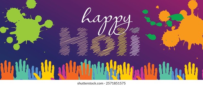 Festive Holi celebration banner featuring vibrant hands, color splashes, and holiday greetings on a gradient backdrop