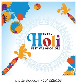 Festive Holi celebration poster in India. A splash of bright colors with traditional elements. Holi hi! concept. Flat vector illustration.