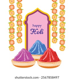 Festive Holi display with red, pink, and blue powder in bowls surrounded by marigold garlands and a Happy Holiday banner on the background