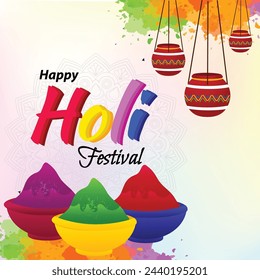 Una tarjeta de felicitación Holi festiva con coloridas salpicaduras de acuarela y tipografía escrita a mano, perfecta para celebrar el alegre festival.