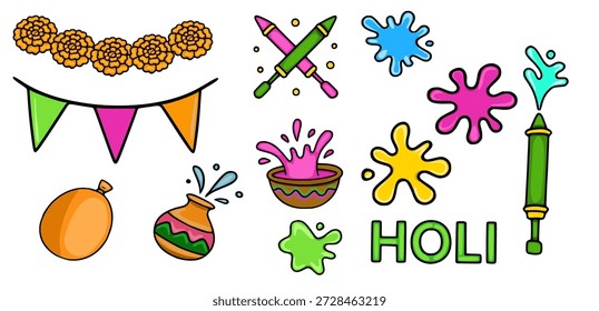 Ilustración vectorial Holi festiva con salpicaduras de colores, pichkaris, globos y guirnalda de caléndula