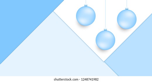 Festive holiday background with blue papers and hanging light blue christmas balls in ice colors.