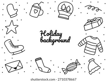 A festive holiday background featuring hand-drawn black line art icons. Simple, clean, and minimal style suitable for Christmas cards, seasonal banners, invitations, social media posts.