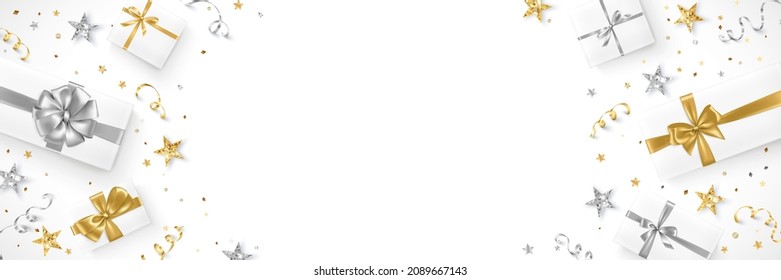 Festive holiday background. Presents with silver and golden ribbons. Confetti burst frame. Glitter stars. For Christmas cards, sale banners, gift certificates, birthday invitations. Realistic vector. 