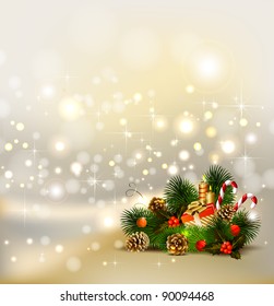 Festive holiday background  with still life of fir tree with burning candles and Christmas bauble in the corner