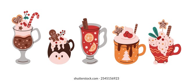 Festive holiday beverages flat color vector objects set. Warm Christmas drinks for cozy winter season illustrations bundle on white background