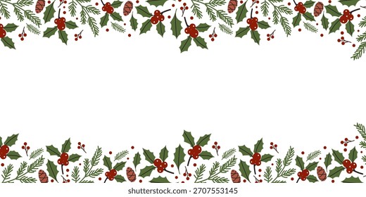 Festive holiday border featuring holly, berries, and pinecones suitable for seasonal designs and crafts