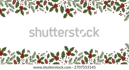 Festive holiday border featuring holly, berries, and pinecones suitable for seasonal designs and crafts