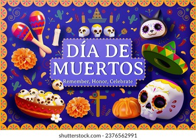 Festive holiday card. 3D Day of the dead elements on blue background with doodles and floral frame.