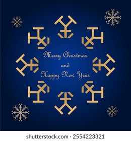 Festive holiday card design featuring gold geometric snowflakes arranged symmetrically on a gradient deep blue background. The message 'Merry Christmas and Happy New Year' is elegantly written in gold