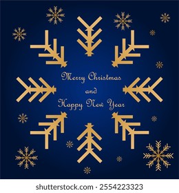 Festive holiday card design featuring gold geometric snowflakes arranged symmetrically on a gradient deep blue background. The message 'Merry Christmas and Happy New Year' is elegantly written in gold