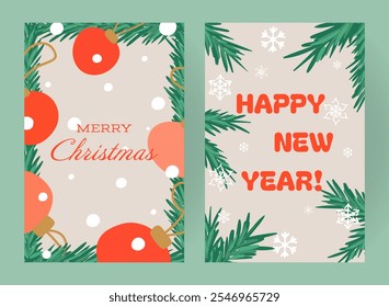 Festive holiday card duo with Christmas and New Year themes. Features ornaments, pine branches, snowflakes, and bold red lettering on a neutral background for warm seasonal greetings.