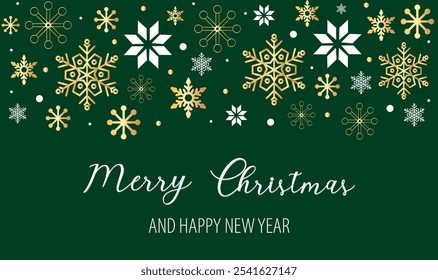 Festive holiday card featuring golden snowflakes and cheerful greetings for Christmas and New Year celebrations