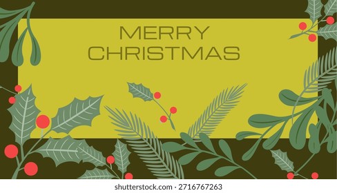 Una tarjeta de vacaciones festivas con varias hojas verdes invernales y bayas rojas que forman un borde decorativo alrededor de los bordes El diseño destaca un espacio rectangular central verde lima con las palabras Navidades alegres impresas en texto simple verde oscuro