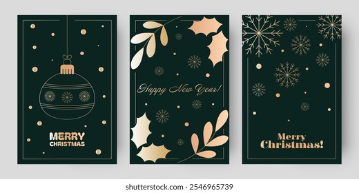 Festive holiday card set featuring Christmas and New Year designs. Dark green backgrounds with gold accents, including ornaments, snowflakes, holly leaves, and elegant Merry Christmas Happy New Year