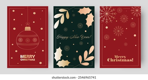 Conjunto de tarjetas de vacaciones festivas con Navidades y diseños de año Nuevo. Incluye fondos rojos y verdes con adornos de oro, copos de nieve, hojas de acebo y elegantes Navidades Feliz Año Nuevo
