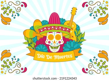 Festive holiday celebration background of Dia De Muertos Day of The Dead with festive patterns, skull or calavera with sombrero, various plants, roses, Mexican guitar, and other instrument eps10