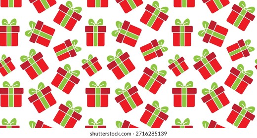 Festive Holiday Celebration Pattern with Scattered Red and Green Gift Boxes on White