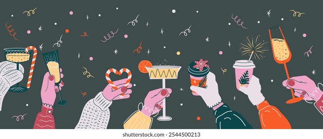 Festive Holiday Celebration Vector with Hands Holding Drinks, Candy Cane, Coffee, and Sparklers on a Dark Background – Christmas and New Year Party Elements in Retro Style