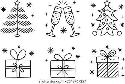 Festive Holiday Cheer Black and White Line Art Illustrations, Featuring Christmas Trees, Champagne Toasts, and Delightful Wrapped Gifts
