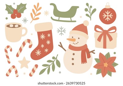 Festive Holiday Cheer Flat Vector Illustration Featuring Christmas Icons and Cozy Winter Elements