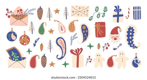 Conjunto de Elementos de Navidades festivas de vacaciones. Regalos, pan de jengibre y sobres festivos, decoración de paisley. colección plana dibujada a mano de Vector aislada sobre fondo blanco