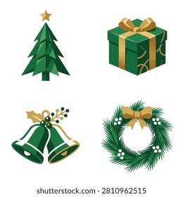 Festive holiday collection featuring a green pine tree wrapped present golden bells and decorative wreath with bow