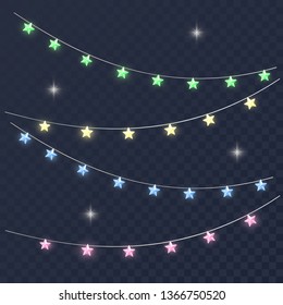 Festive holiday decoration garland glowing stars. Ramadan decoration for the street and home. Great for the new year, advertising, birthday, eid al adha, haid al fitr, haid said and other Muslim holid