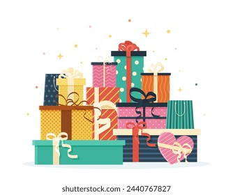 Festive holiday design elements, on a stack or pile. Various and multicolored gift boxes and present packages for happy birthday, Christmas, sale design. isolated vector illustration on white.