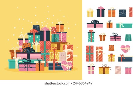 Festive holiday design elements, on a stack or pile. Various gift boxes on yellow background and isolated present packages on white for happy birthday, Christmas, sale design. Vector illustrations.