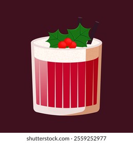 Festive holiday drink with holly. Vector illustration of winter cocktail. Seasonal red cocktail with garnish and straws.