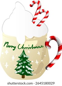 A festive holiday drink served with a candy cane and decorated with a Christmas tree in the background. Perfect for themes related to celebration, winter, and Christmas traditions