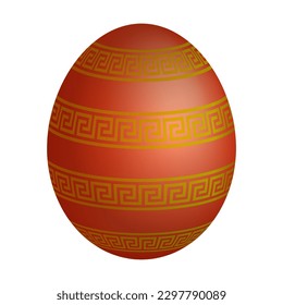 Festive holiday Easter egg. Realistic mother of pearl shiny egg decorated with orange red ornament. Realistic 3d vector isolated on white background