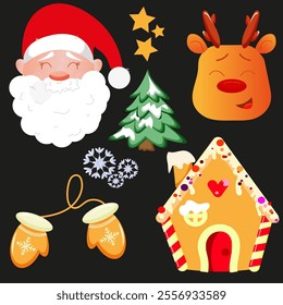 Festive holiday elements featuring Santa, a reindeer, and a Christmas tree in cheerful designs