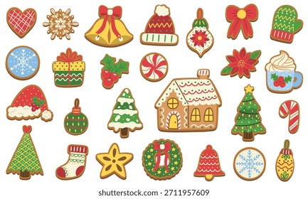 Festliche Urlaubselemente in Lebkuchenform, darunter Weihnachtsbäume, Kranz, Glocken, Ornamente, Schneeflocken und mehr.