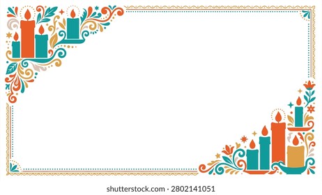Festive Holiday Frame Border with Decorative Candles, Floral Swirls and Stars, perfect for Christmas or Advent greetings and invitations. Flat vector EPS.