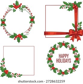 Quadros festivos de férias com folhas de azevinho, bagas, fitas, bordas circulares e quadradas, saudações sazonais, elementos decorativos, design de celebração, tema de inverno