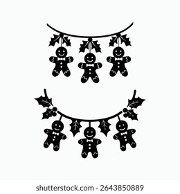 Festive Holiday Garland Silhouette,  Gingerbread Men and Holly Leaves Christmas Decoration