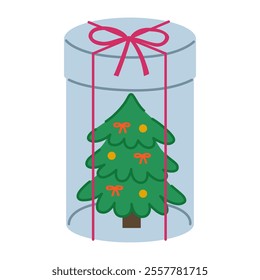 Festive holiday gift box for kids with a decorative Christmas tree inside a transparent container with a red ribbon. Perfect for seasonal packaging, holiday designs, and creative Christmas projects.Fe