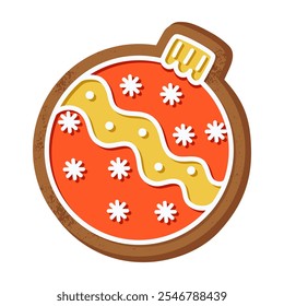 Festive holiday gingerbread cookie in the shape of a christmas ball. Decorated with red icing, white snowflakes, and yellow patterns. Perfect for seasonal designs, baking themes, and holiday projects.