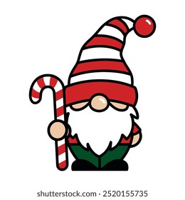 Festive Holiday Gnome Holding Candy Cane Vector Illustration