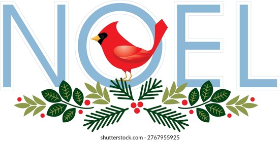 Festive holiday graphic design featuring the stylized word NOEL presented in an elegant decorative font with a creative seasonal twist. The letter O is replaced by a vibrant red cardinal bird perched gracefully on evergreen branches adorned with red berries, creating a natural and visually striking focal point. This composition beautifully blends typography with winter nature elements to represent the spirit of the Christmas season in a unique and artistic way.

The red cardinal symbolizes happiness hope warmth and positive energy during the festive season making it a meaningful addition to the overall design. The evergreen branches and berry accents enhance the winter theme and add a traditional holiday atmosphere associated with Christmas celebrations. The combination of natural elements and typographic creativity results in a balanced and visually appealing composition suitable for a wide range of seasonal uses.

This illustration is ideal for Christmas greeting cards holiday posters seasonal invitations social media posts digital banners website headers and festive marketing materials. It can also be used for embroidery patch designs product packaging craft projects and decorative prints. The versatile layout ensures strong visual impact across both print and digital formats making it suitable for personal and commercial applications.

The clean arrangement and strong focal point allow the viewer to immediately recognize the festive message while appreciating the artistic integration of the cardinal within the typography. The use of evergreen foliage and red berries reinforces traditional holiday symbolism associated with winter celebrations and seasonal joy.

Overall this NOEL themed Christmas illustration delivers a warm creative and visually engaging design that captures the essence of festival spirit hope and celebration making it perfect for a wide variety of festival creative projects.